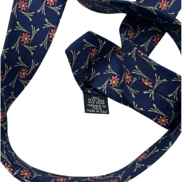 YVES SAINT LAURENT Men's Silk Necktie LUXURY Blue Eiffel Tower Floral W:3.7" EUC - Picture 3 of 5